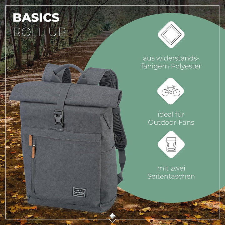 Travelite Handgepäck Rucksack, Laptop Rucksack 15,6 Zoll, BASICS, Reiserucksack Rolltop Funktion, 60