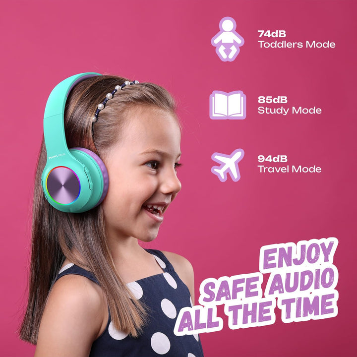 Kinderkopfhörer Bluetooth, PowerLocus Kinder Kopfhörer Kabellos mit LED-Leuchten 74/85/94dB Lautstär