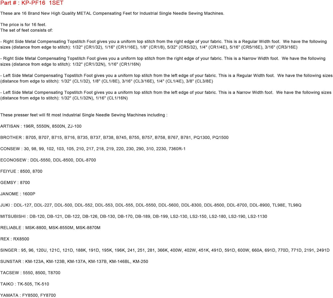 kunpeng – # kp-pf16, 16 Fuss Kompensator Metallic für Artisan, Brother, consew, und Janome