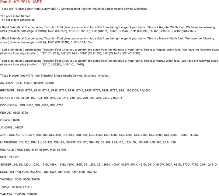 kunpeng – # kp-pf16, 16 Fuss Kompensator Metallic für Artisan, Brother, consew, und Janome