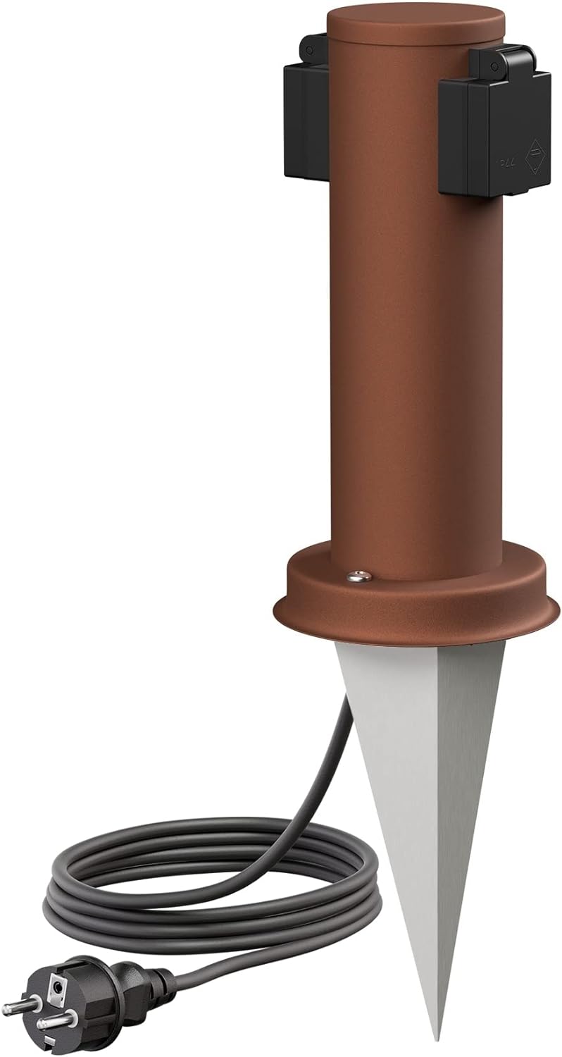 ledscom.de Garten-Steckdosen-Säule PORU mit Erdspiess und 2m Kabel für aussen, 2-Fach, Edelstahl, br