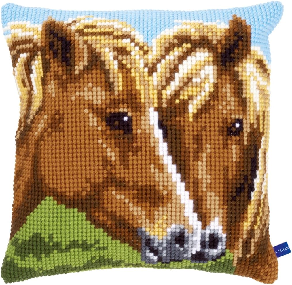 Vervaco Kreuzstichkissen Pferde Kreuzstickpackung vorgedruckt, Stramin, weiss, 40 x 40 x 0,3 cm