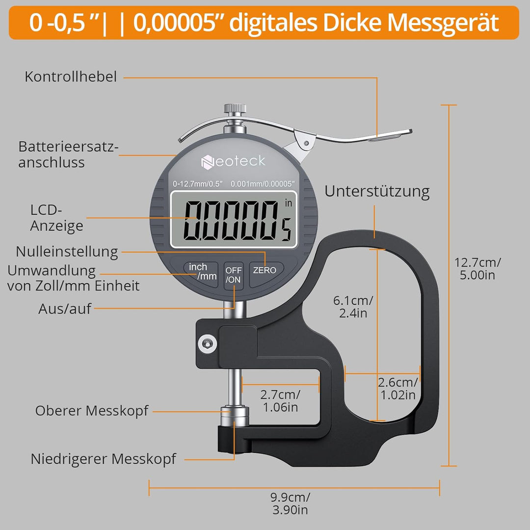 Neoteck Tragbarer digitaler Dickenmessstreifen 0-12,7 mm Messbereich 0,001/0,00005 '' elektronischer