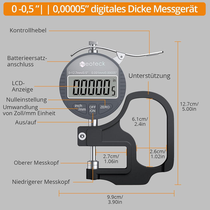 Neoteck Tragbarer digitaler Dickenmessstreifen 0-12,7 mm Messbereich 0,001/0,00005 '' elektronischer