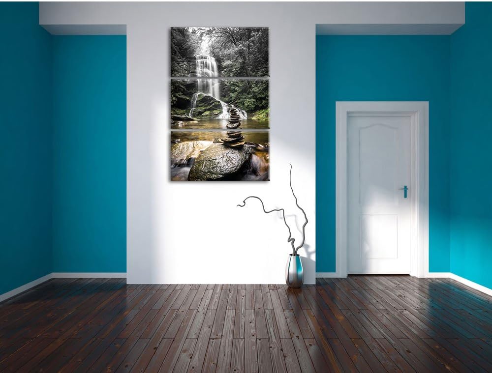 Pixxprint Zen Steine vor Wasserfall B&W Detail 3-Teiler Leinwandbild 120x80 Bild auf Leinwand