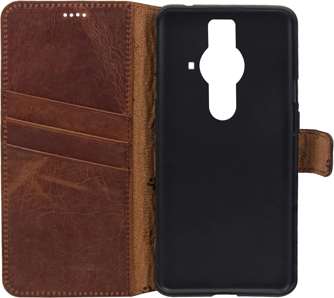 Suncase Book-Style Hülle kompatibel mit Sony Xperia Pro-I Leder Tasche (Slim-Fit) Lederhülle Handyta