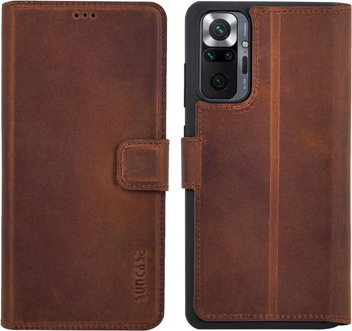 Suncase Book-Style Hülle kompatibel mit Xiaomi Redmi Note 10 Pro Leder Tasche (Slim-Fit) Lederhülle