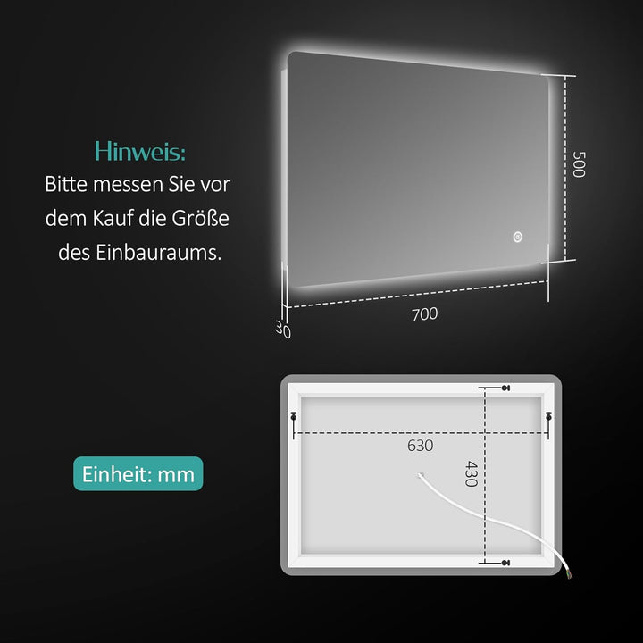 EMKE Badspiegel mit Beleuchtung 50x70cm mit Touch, Antibeschlag, Einstellbare Helligkeit, Speicherfu