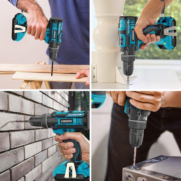 LEEIKOO Akkuschrauber 21V, Akku Bohrschrauber mit 2 Akkus 2.0Ah, 42N.m Akku Bohrmaschine, 25+3 Drehm