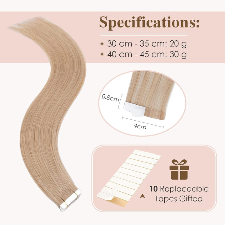 TESS Tape Extensions Echthaar 35 cm, Blond Tape Klebeband Haarverlängerung 20 pcs Glatt Dunkelblond