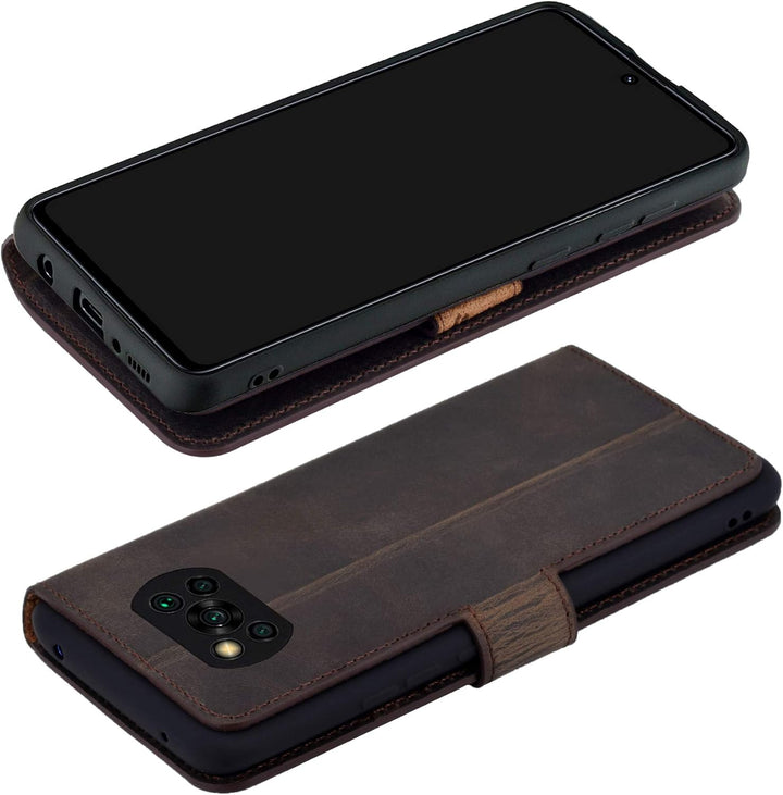 Suncase Book-Style Hülle kompatibel mit Xiaomi Poco X3 NFC Leder Tasche (Slim-Fit) Lederhülle Handyt