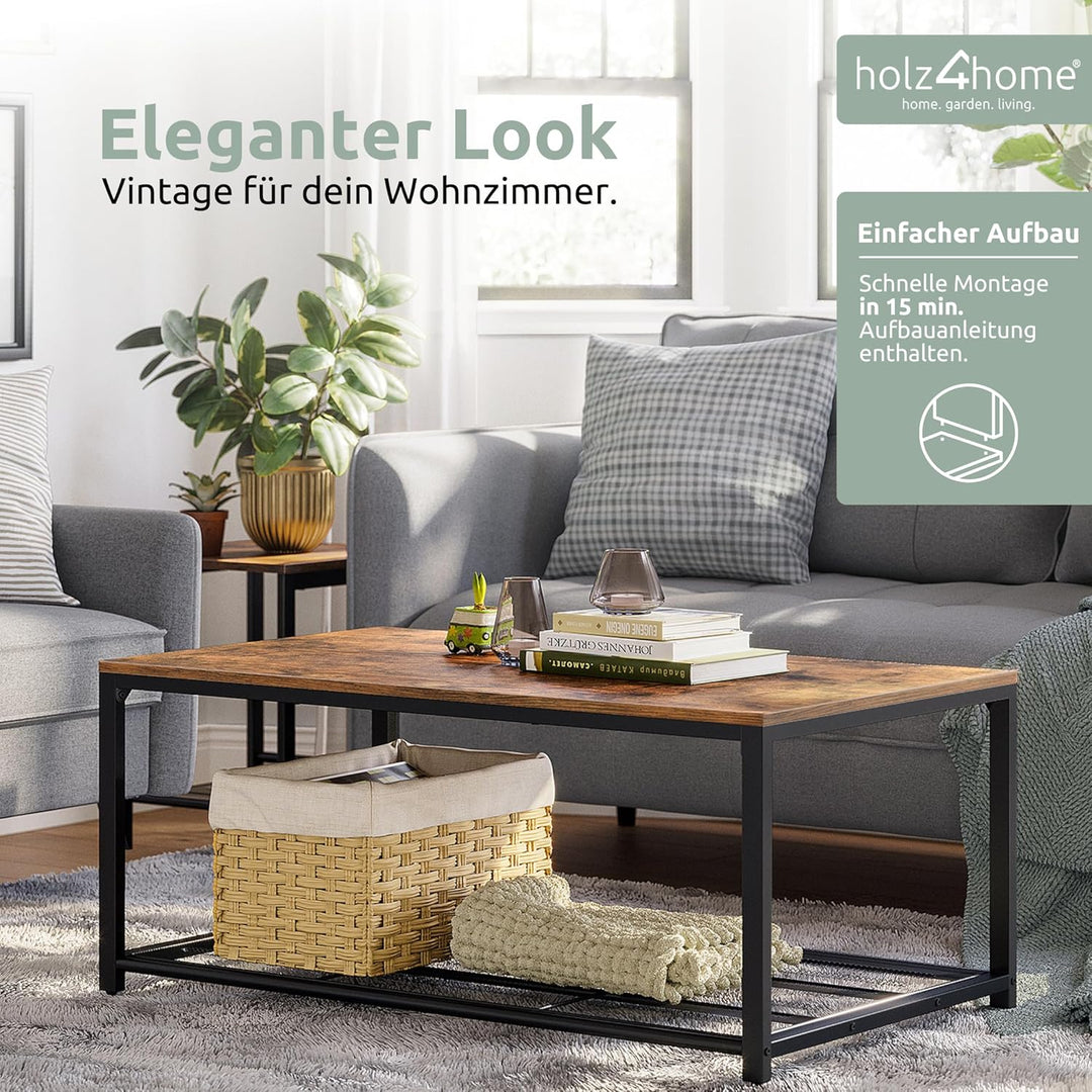 holz4home® Couchtisch Connie mit Gitterablage | 106x60x45 cm | Einfache Montage | Industrial-Look Br