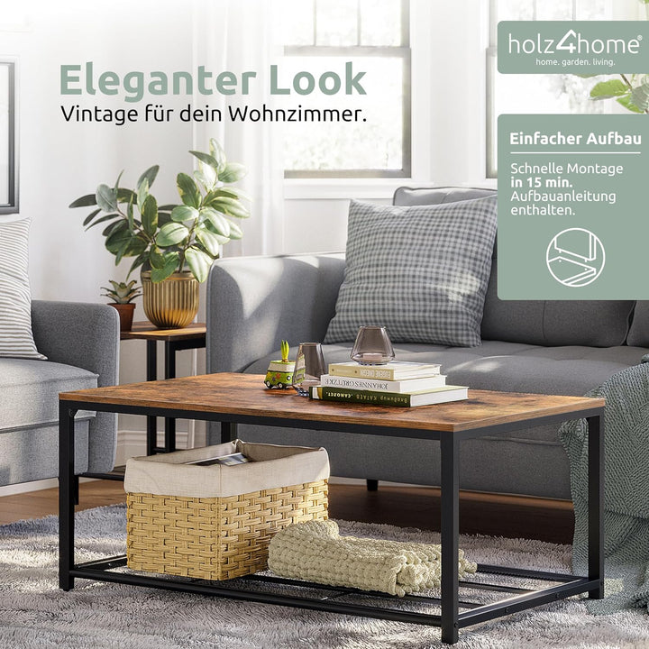 holz4home® Couchtisch Connie mit Gitterablage | 106x60x45 cm | Einfache Montage | Industrial-Look Br