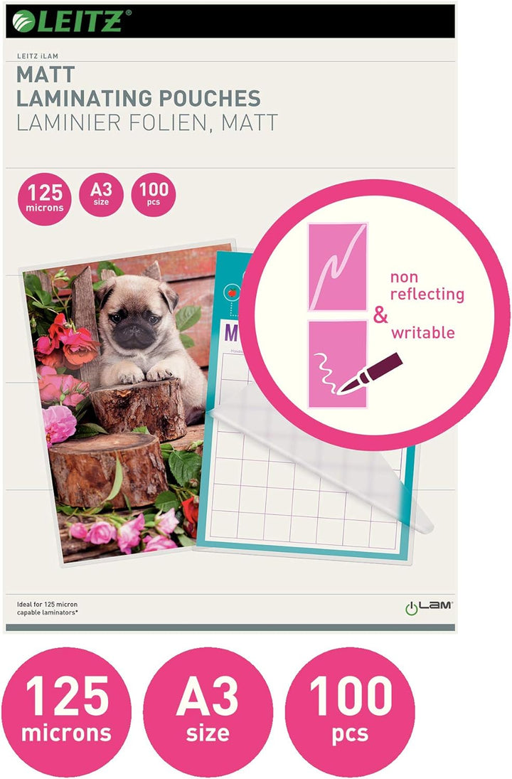 Leitz Heisslaminierfolien A3 Matt 125 mic, Hochwertige Laminierfolien im 100er Pack, zum Beschriften