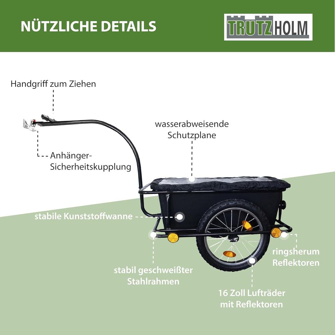TRUTZHOLM Fahrradanhänger Transportanhänger mit Anhängerkupplung und Abdeckplane 90 Liter Kunststoff