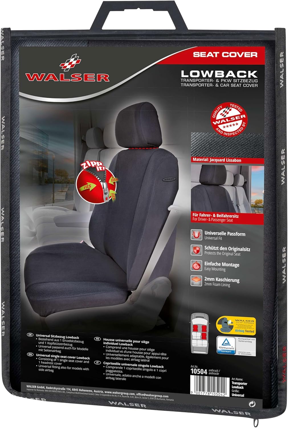 Walser Auto Sitzbezug Lowback, Universalsitzbezug für Fahrer- oder Beifahrersitz, Autoschonbezug Uni