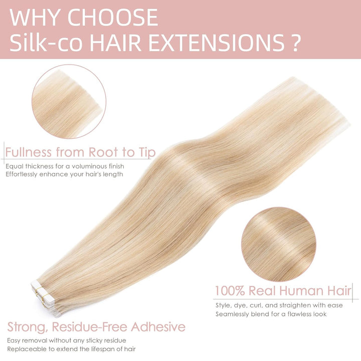 Silk-co Tape Extensions Echthaar 20stk, Haarverlängerung Tape in Extensions Echthaar, Remy Haarexten