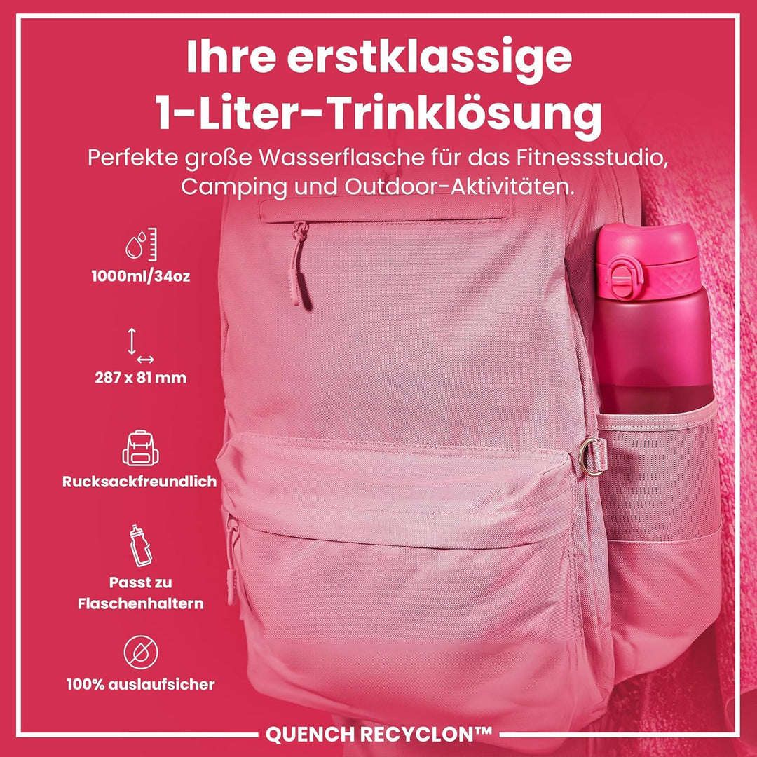 Ion8 1 Liter Trinkflasche, 1000ml, Auslaufsicher, Einhandöffnung, Sichere Verriegelung, Spülmaschine