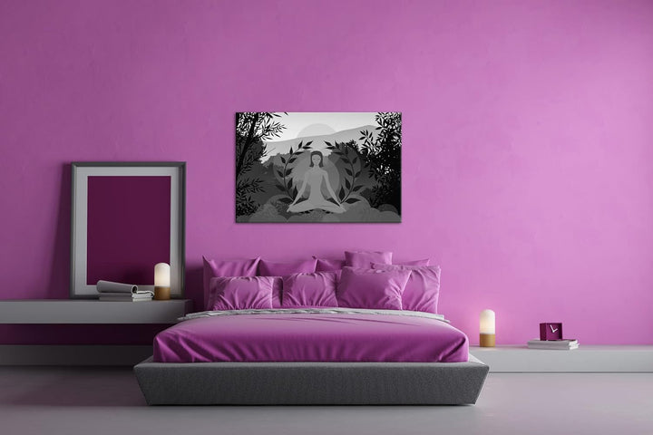 deyoli Meditation im Grünen Effekt: Schwarz&Weiss Format: 80x60 als Leinwandbild, Motiv fertig gerah