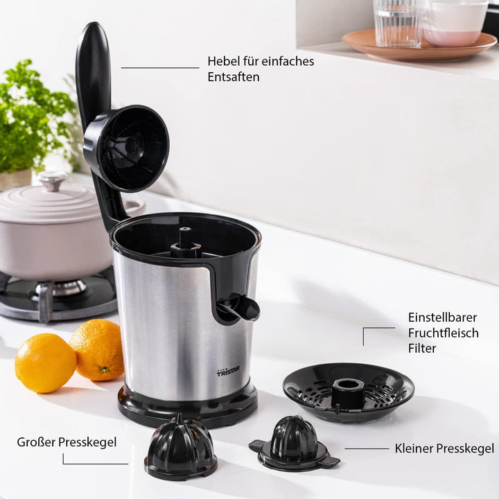 Tristar CP-3002 Zitruspresse – 2 Presskegel – Fruchtfleischfilter – Schwarz/Edelstahl 85 Watt, 85 Wa