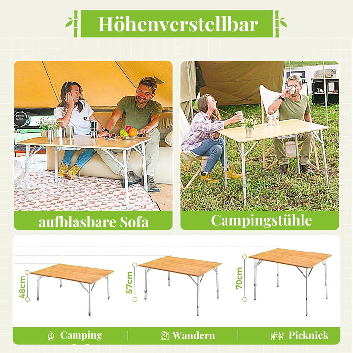 KingCamp Falten Bambus Campingtisch Klapptisch Verstellbare Höhe Aluminiumrahmen für Outdoor Camping