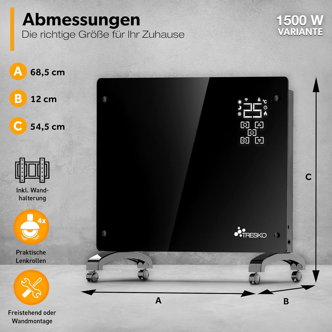 TRESKO® Glaskonvektor 1500W APP WiFi Funktion | Elektroheizung Glasheizung elektrisch | Konvektor He