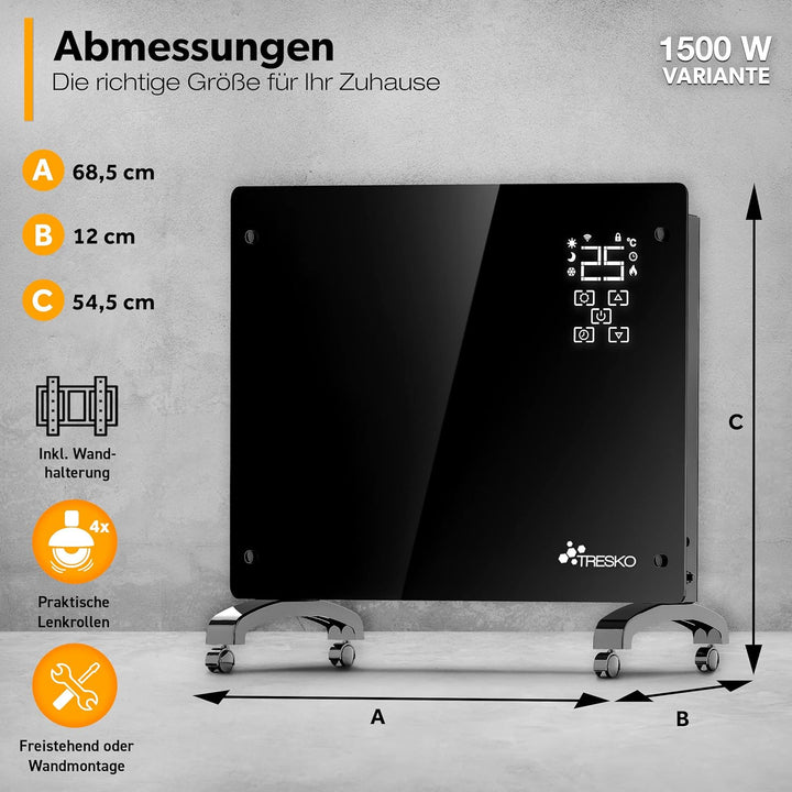 TRESKO® Glaskonvektor 1500W APP WiFi Funktion | Elektroheizung Glasheizung elektrisch | Konvektor He