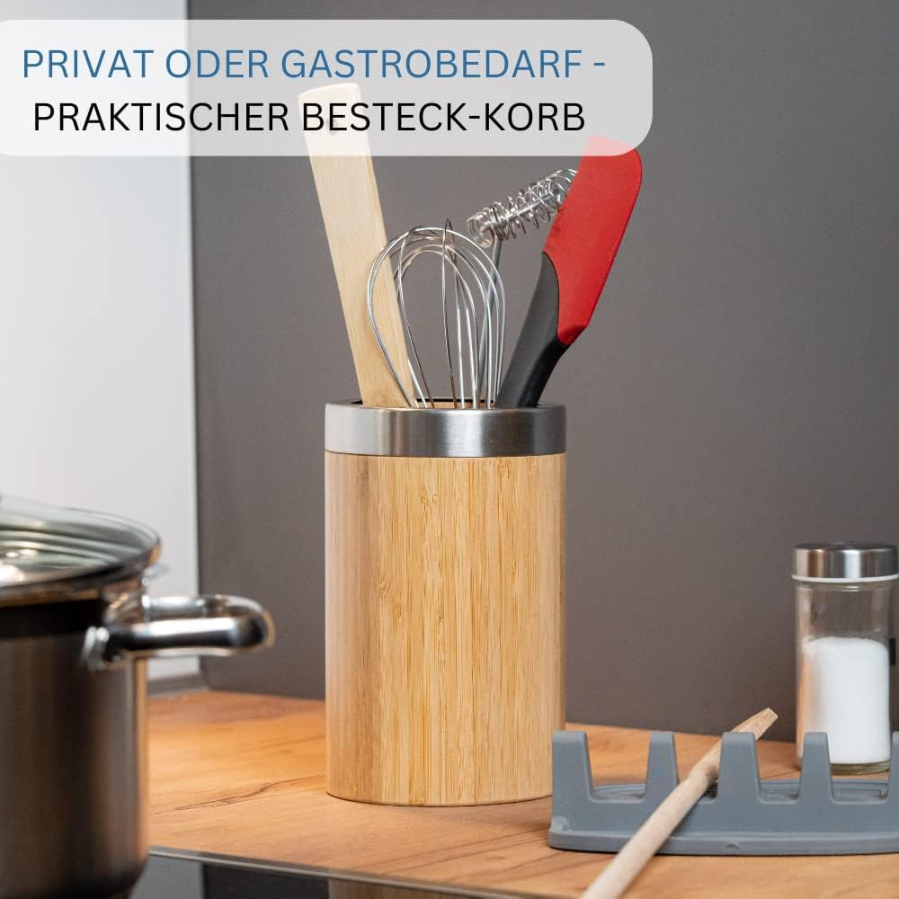 Westmark Utensilienhalter/Küchen-Organizer, rund, mit Edelstahlrand, Masse: ø10 x 16 cm, Bambus/Edel