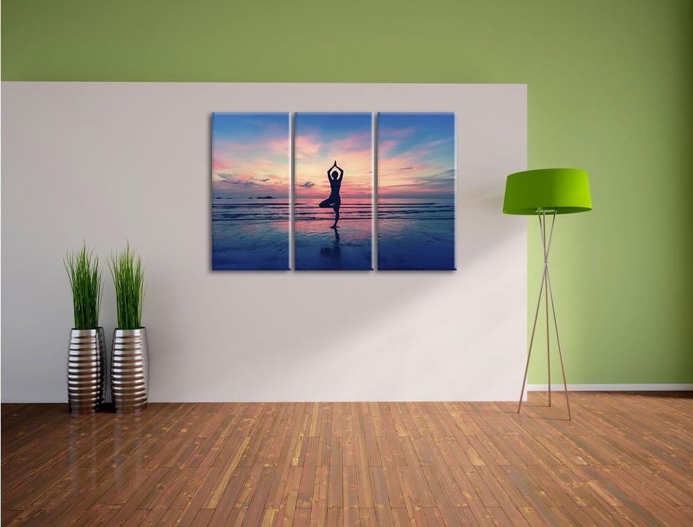 Pixxprint Yoga am Strand 3-Teiler Leinwandbild 120x80 Bild auf Leinwand