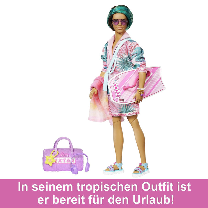 Barbie Extra Fly - Ken Reisepuppe mit tropischem Outfit, Boogie Board, Seesack und Zubehör für kreat