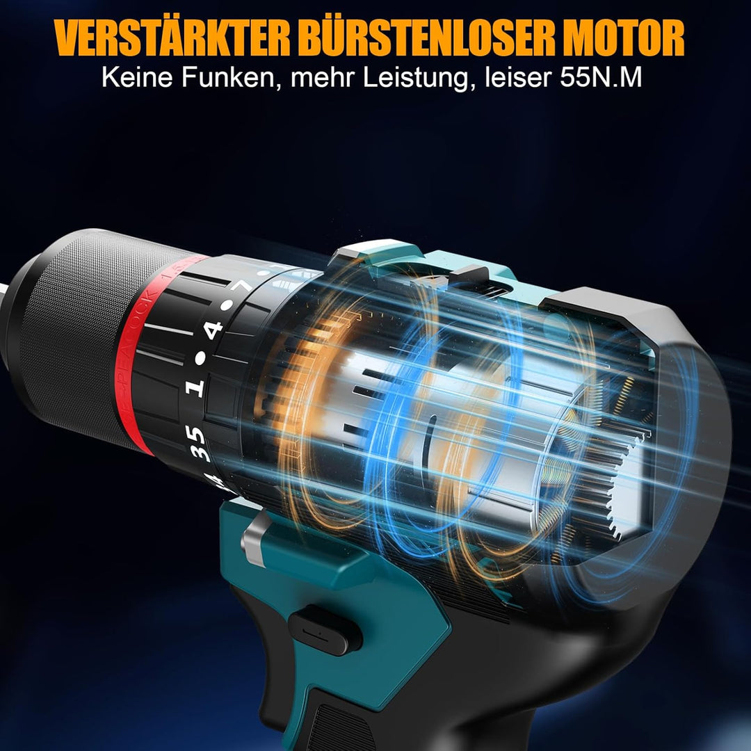 Conentool 21V Bürstenlos Akkuschrauber Set, Akku bohrschrauber mit 2x 2500mAh Akkus, 55 N.m Max schl