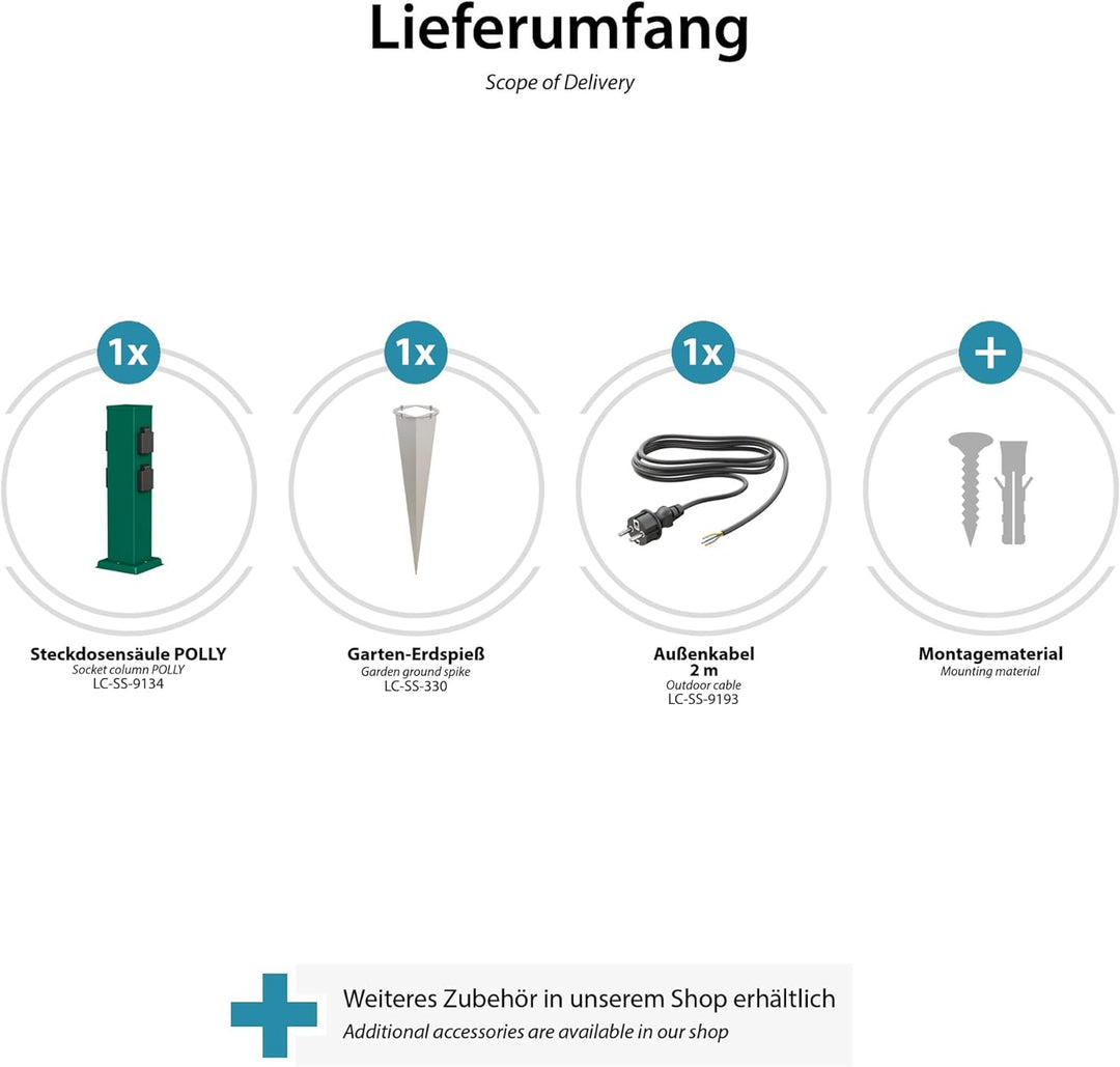 ledscom.de Garten-Steckdosen-Säule Polly mit Erdspiess und 2m Kabel für aussen, IP44, 4-Fach, grün,