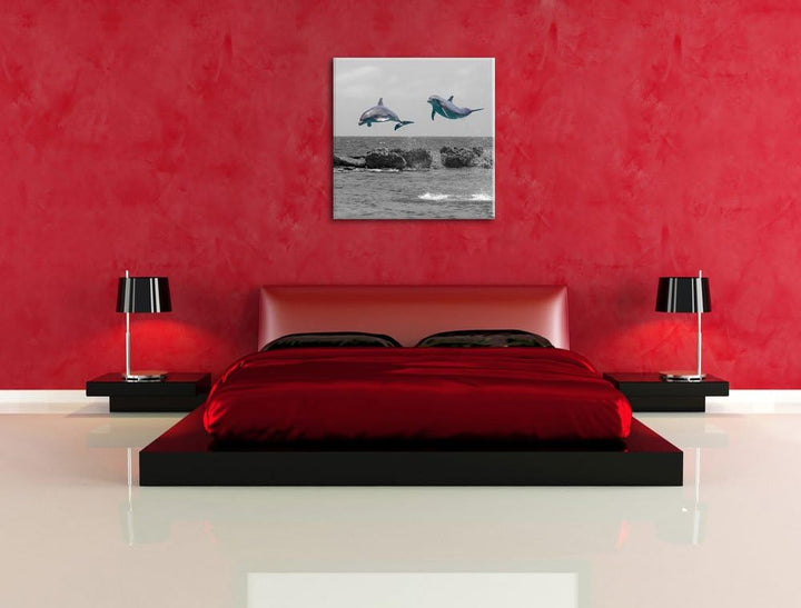 Pixxprint Zwei hoch springende Delphine schwarz/weiss, Format: 70x70 als Leinwandbild, 70x70