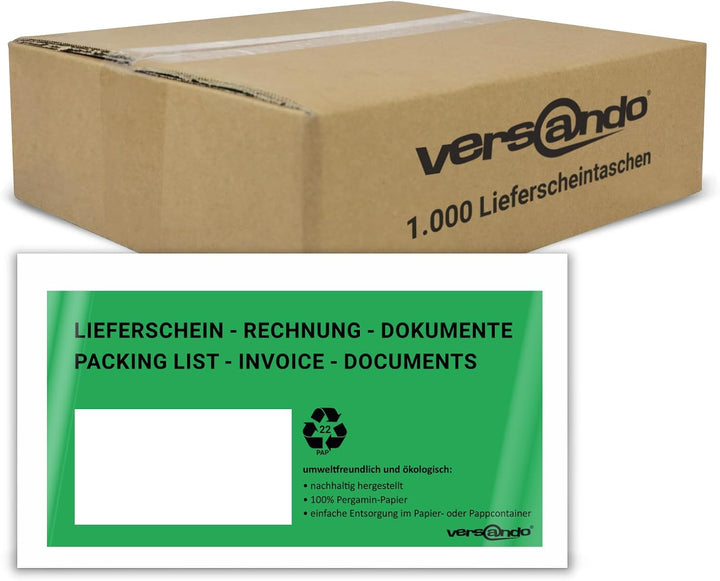 versando 1000 ökologische Lieferscheintaschen DIN lang selbstklebend 100% Pergamin Papier folienfrei
