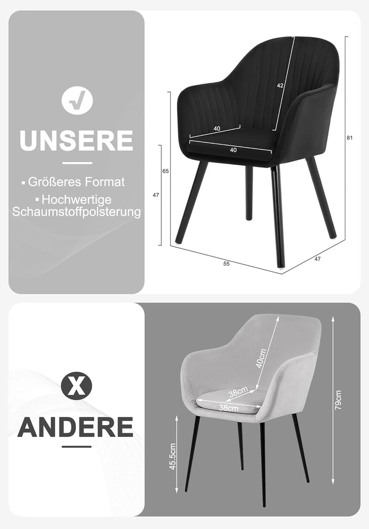WOLTU Esszimmerstühle BH259sz-2 2er Set Küchenstuhl Wohnzimmerstuhl Polsterstuhl Design Stuhl mit Ar