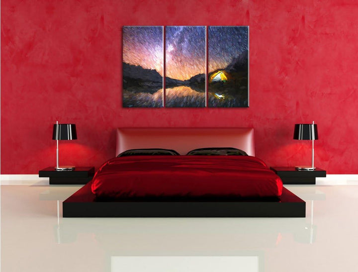 Pixxprint Zelten unter tausenden Sternen / 3-Teilig/Gesamtmass 120cm Leinwandbild bespannt auf Holzr