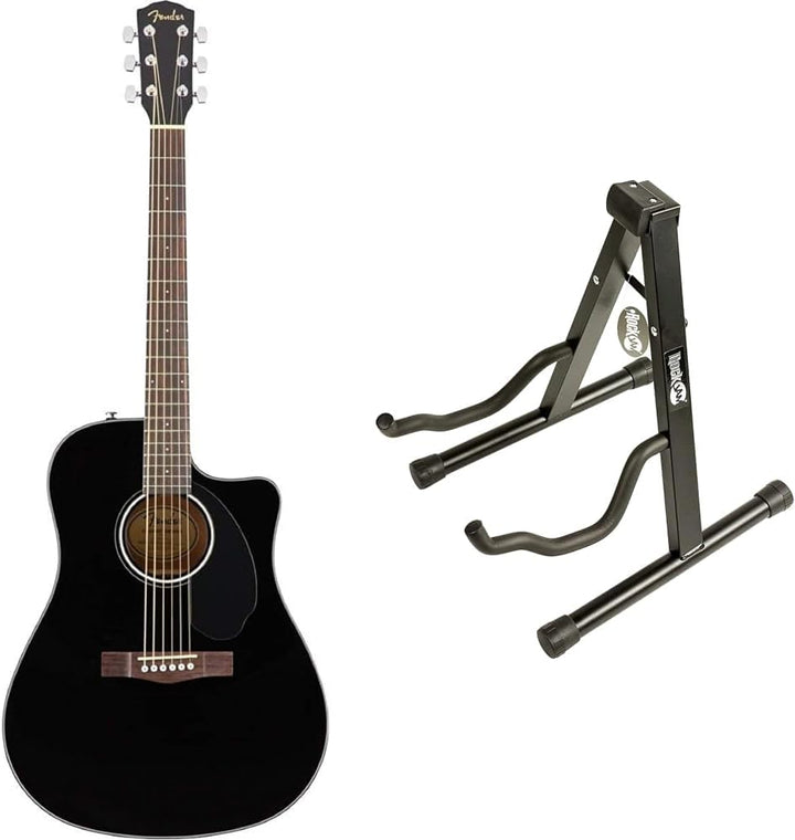Fender, Gitarre CD-60SCE Schwarz, 0970113006 & Rockjam Universal Tragbarer A-Frame-Gitarrenständer f