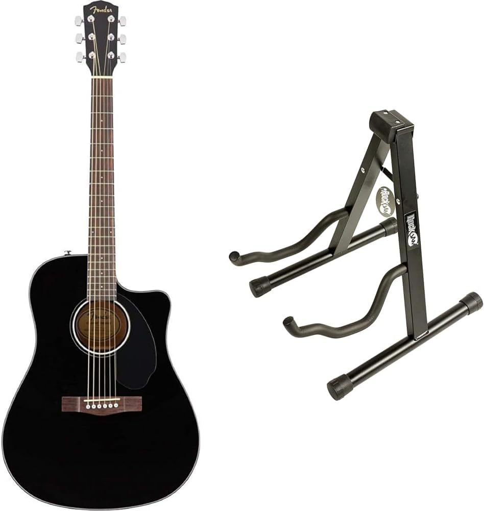 Fender, Gitarre CD-60SCE Schwarz, 0970113006 & Rockjam Universal Tragbarer A-Frame-Gitarrenständer f