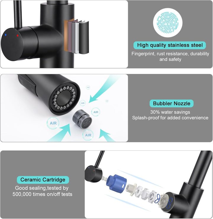 BONADE Wasserhahn Küche Schwarz, 360° Drehbare Küchenarmatur mit Brause Ausziehbar, Hoher Bogen Misc