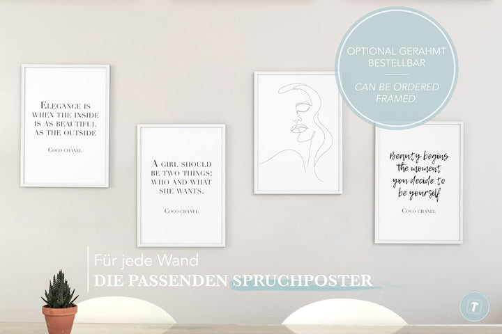 Papierschmiede® Premium Spruchposter Set 4er 50x70 cm (B2), Motiv: Coco Elegance, Fashion Quote, Pos