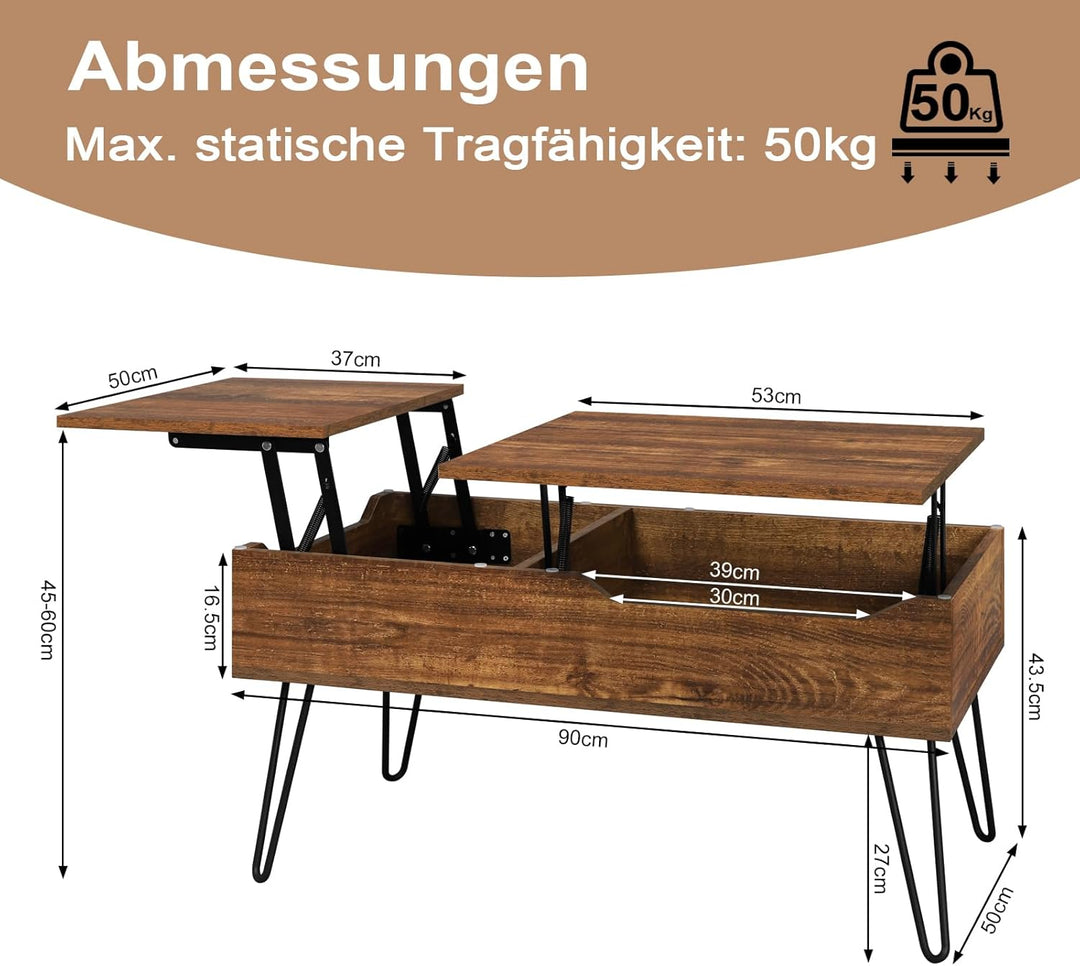 WOLTU Couchtisch, höhenverstellbarer Wohnzimmertisch, Kaffeetisch, Auszug, Versenkbarer Couchtisch,