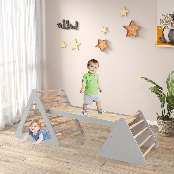 COSTWAY Klettergerüst Indoor, inkl. 2 Kletterdreieck & Kletterleiter, Indoor Spielgeräte Holz, Spros