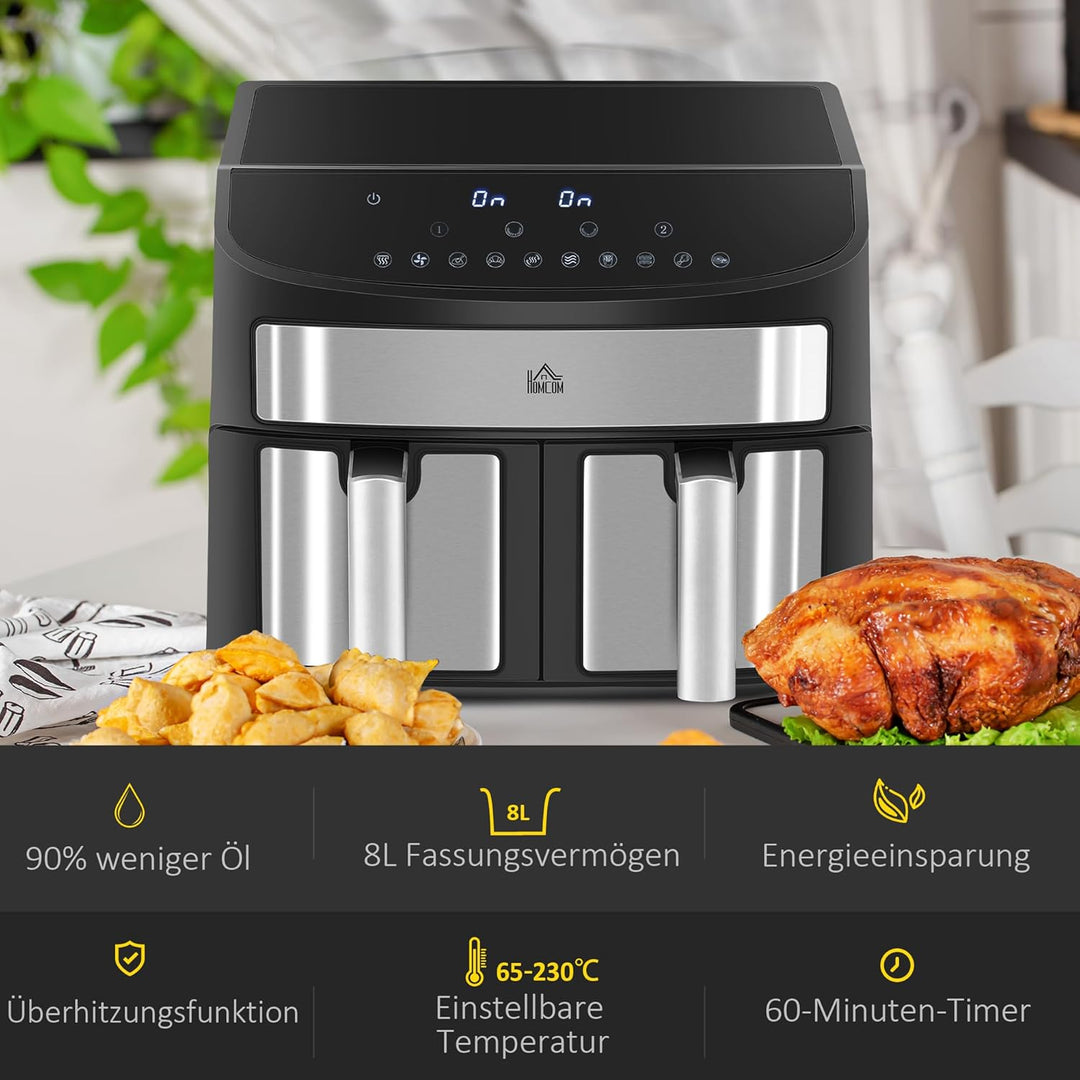 HOMCOM Heissluftfritteuse 8L Fritteuse mit Doppelkammer, Airfryer mit 10 Programmen, 2400 W Luftfrit