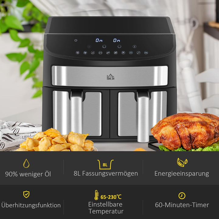 HOMCOM Heissluftfritteuse 8L Fritteuse mit Doppelkammer, Airfryer mit 10 Programmen, 2400 W Luftfrit