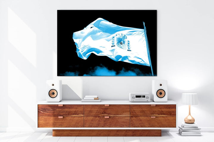 deyoli Spanische Flagge im Wind Format 80x60 Effekt: Monocrome Blau als Leinwandbild, Motiv fertig g