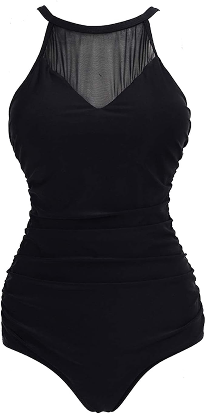 VILOREE Damen Schlankheits Badeanzug Raffung Einteiler High Neck Bademode Strandmode XL Schwarz #2,