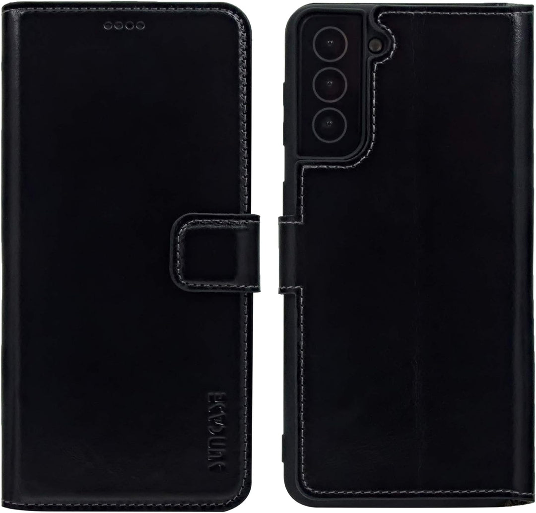 Suncase Book-Style Hülle kompatibel mit Samsung Galaxy S22 5G Leder Tasche (Slim-Fit) Lederhülle Han