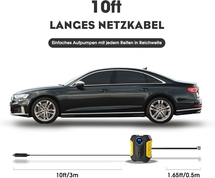CARSUN Luftpumpe Auto,12V Mobiler Kompressor Auto,150PSI Autoreifen Pumpe mit Reifendruckmesser und