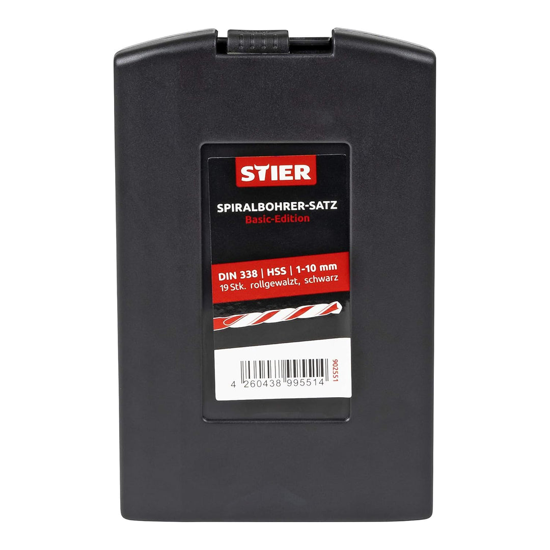 STIER Spiralbohrer Set HSS-R, 19-teilig, Basic Metallbohrer Satz, Stahlbohrer Satz, rollgewalzt, zyl