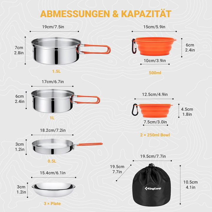 KingCamp Camping Geschirr Set 2-4 Personen I Camping Kochgeschirr aus Edelstahl I Camping Töpfe mit